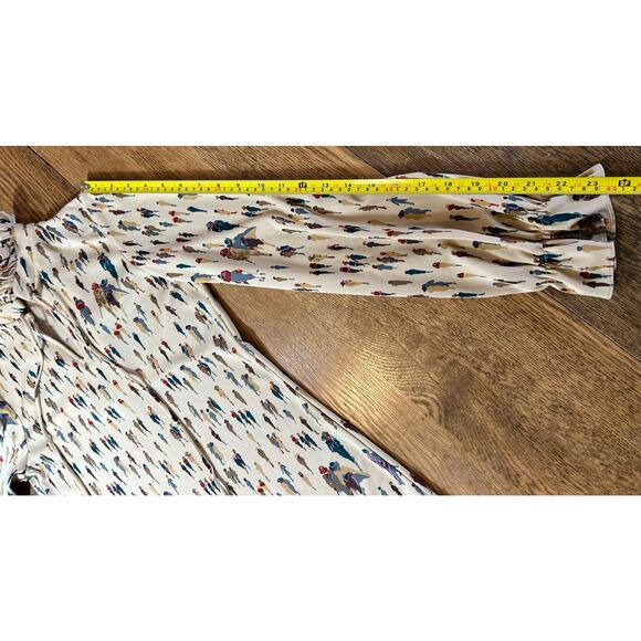 Vintage Mardi Modes NYC Tan Blouse People Strolling Ruffle Neck + Tie Sz 10 - Picture 5 of 7